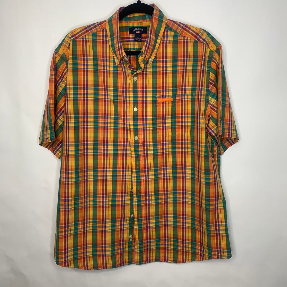 US Polo Assn Bright Plaid Orange Green Shirt Short Sleeve Sz Large Cotton